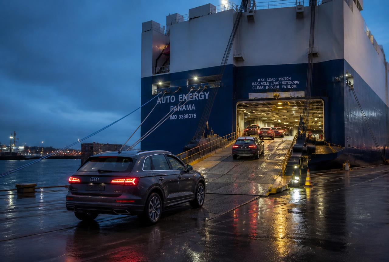 Vehicles being loaded for export at a UK port