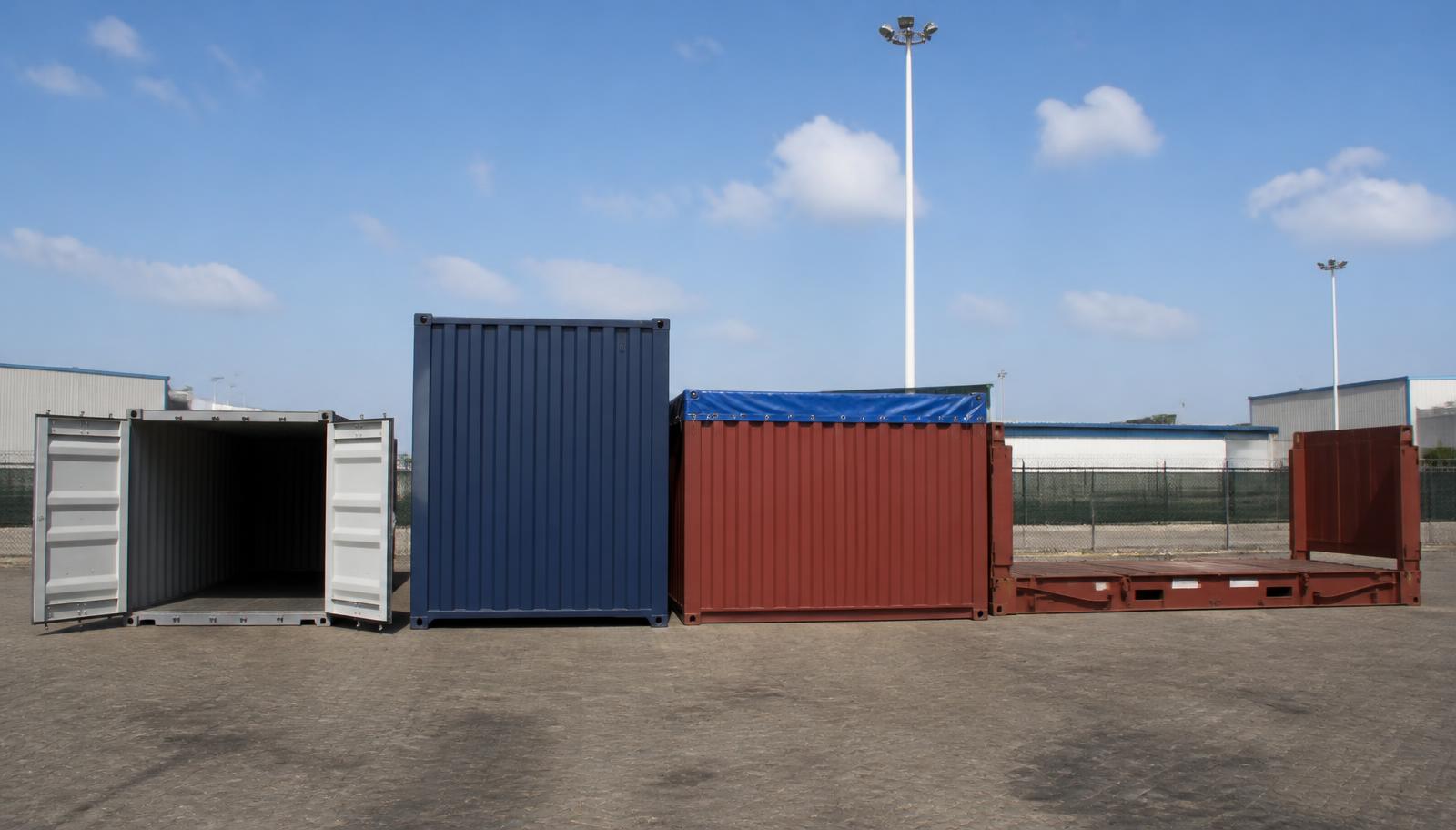 20ft standard, 40ft high cube, open top and flat rack shipping containers in a port yard